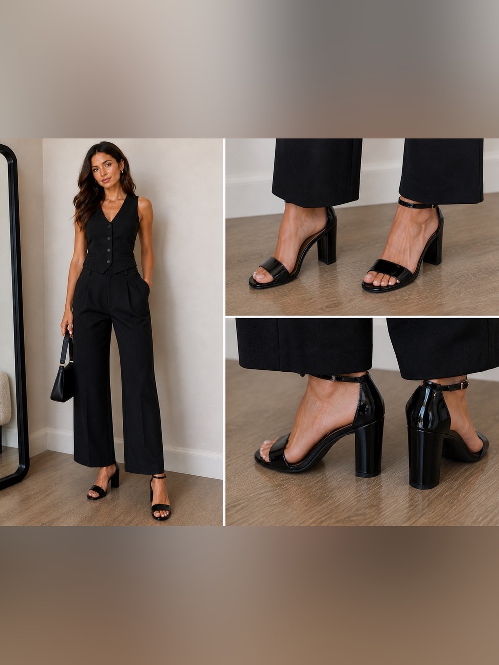 The Wishbone Collection Black Patent Ankle-Strap Heels with Block Heel